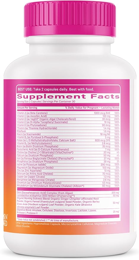 Pink Stork Premium Prenatal Vitamin for Women - Organic Whole-Food Ingredients, Multivitamin & Probiotics - Morning Sickness, Digestion, & Energy - Folate, B6, & Iron - 60 Capsules