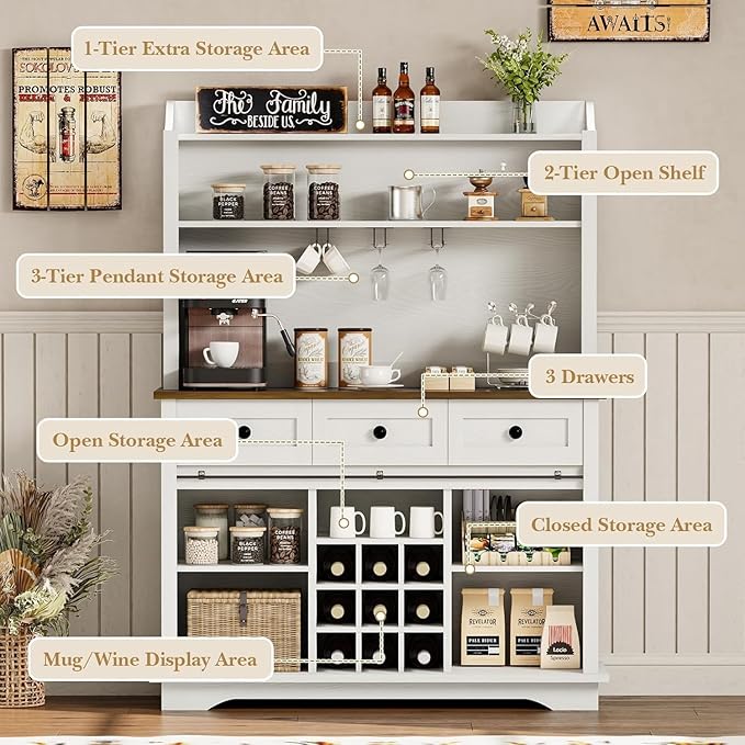 63 Inch Tall Coffee Bar Cabinet with 3-Tier, Kitchen Hutch with 3 Large Drawers, Farmhouse Coffee Bar with 9 Wine Racks & 3 Glass Holders, Wine Storage Cabinet for Living Dining Room, White