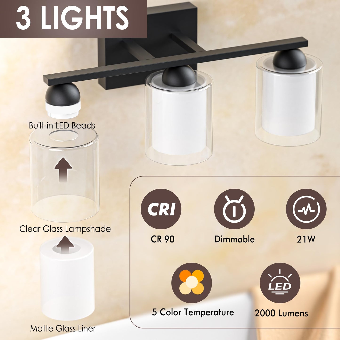 Quntis Bathroom Lighting Fixture - 3 Light Dimmable LED, 21W, 5 Color Modes, Black & Clear, 16 Inch, Metal