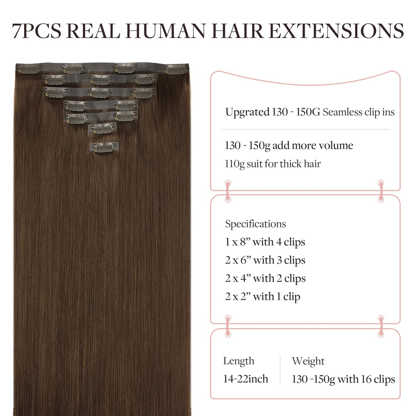 MAXITA Real Human Hair Extensions, 22 Inch Chocolate Brown 150g 7pcs, Clip in Remy Straight Long Hair Extensions, Seamless Clip