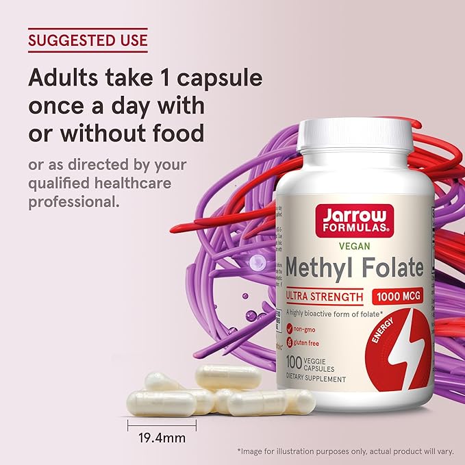 Jarrow Formulas Methyl Folate 1000 mcg, Dietary Supplement, Methyl Folate for Cellular Energy Support, 100 Veggie Capsules, 100 Day Supply, (Pack of 12)