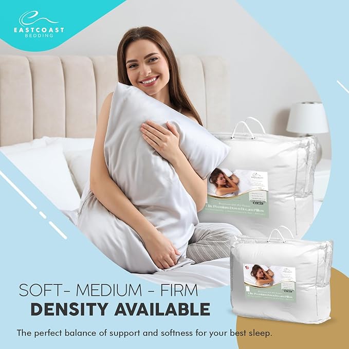 East Coast Bedding Elite Premium Down Sleeping Pillow 600 Fill Power White Down Available in Soft, Medium & Firm 400 Thread Count Cotton Shell Premium Comfort - Made in The U.S.A