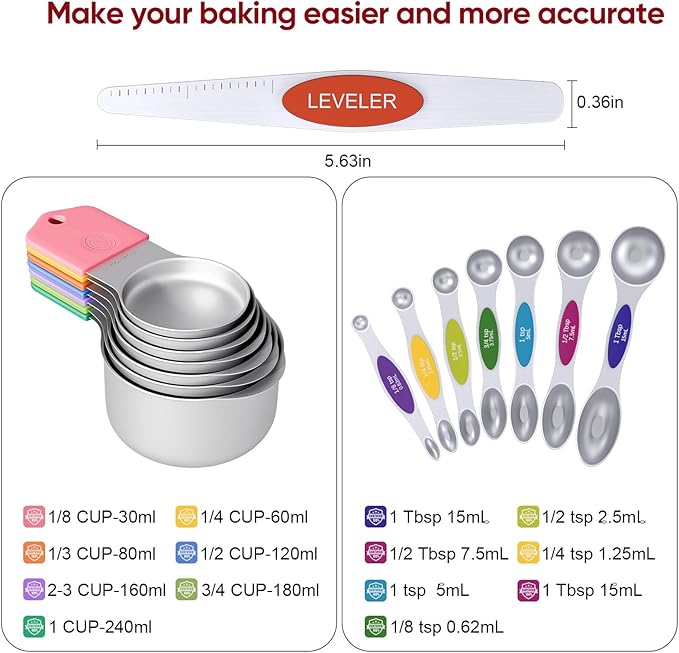 Magnetic Measuring Cups & Spoons Set|304 Stainless Steel Dual Scale Set of 15, Strong N52 Magnetic Nesting Design with Leveler, for Dry&Liquid Ingredients, Dishwasher Safe(Colorful)