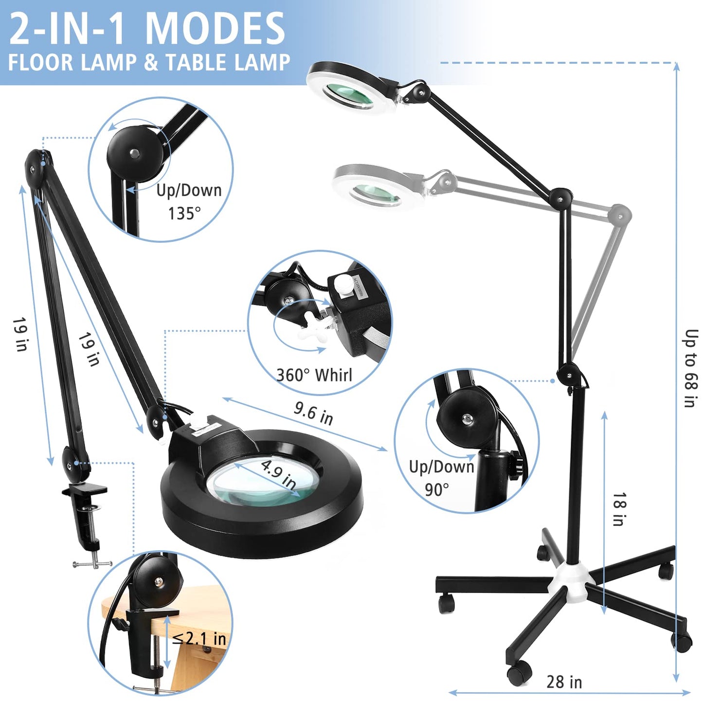 LANCOSC 8X Magnifying Glass with Light, 1,500 Lumens Dimmable LED, Floor Lamp with Rolling Base, Black, Model FL-BH