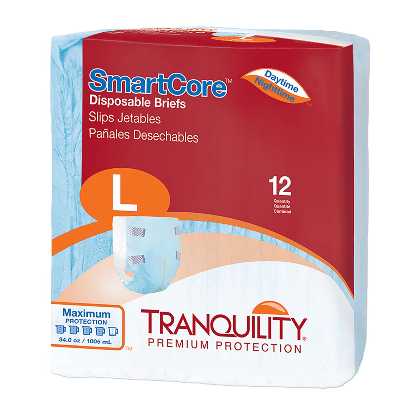 Tranquility SmartCore Adult Disposable Briefs, Incontinence Control with Breathable Kufguard Technology, Fastening Tabs & Wetness Indicator, Latex-Free, Adult Large, 34oz Capacity, 96ct Case