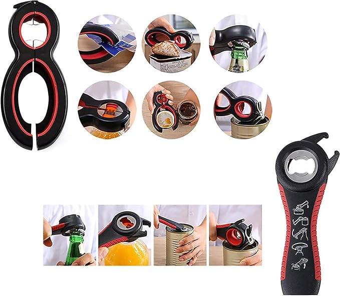 2 Pack Jar and Bottle Opener Set, 6-in-1 Multi-Function Can Opener & 4-in-1 Jar Opener, Non-Slip Grip Lid Remover for Seniors, Arthritis, Weak Hands, Kitchen Bottle Cap & Ring Pull Opener