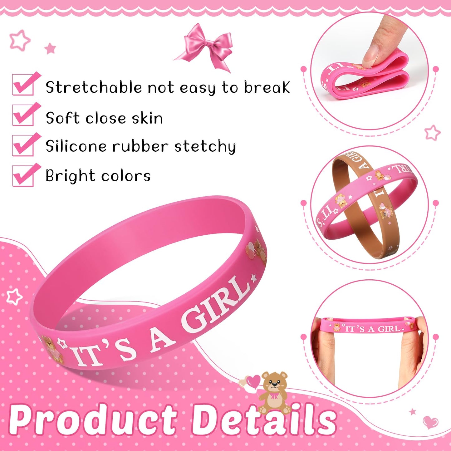 Zomiboo 36 Pieces Baby Shower Rubber Bracelets, It's a Boy It's a Girl Wristbands Elephant Baby Shower Decorations for Boy Girl