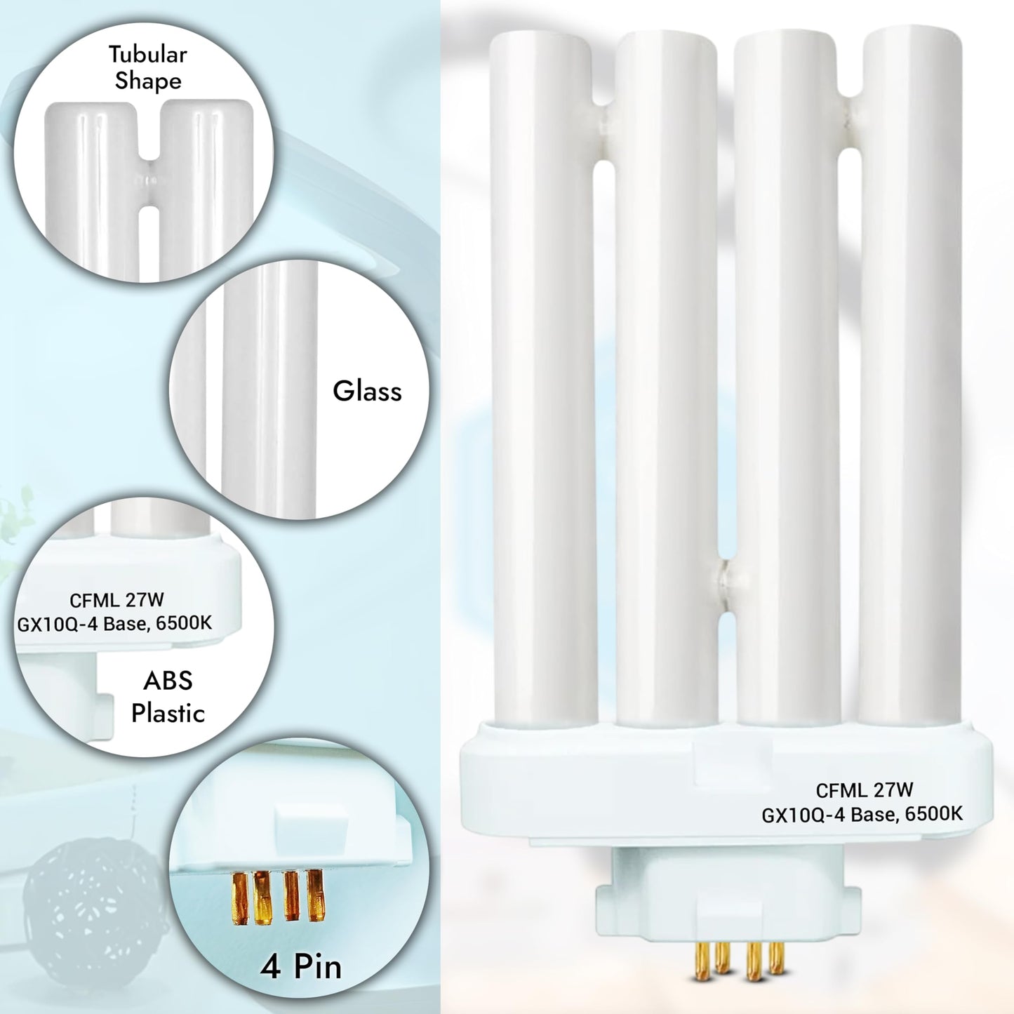 ARSUK 27W 4-Pin GX10Q-4 CFL Bulb, 6500K Daylight | FML27 Lamp Quad Tube 4-Prong Light Bulb Plug-in Compact Fluorescent Light 27 Watt Replacement Lamp for Desk, Office Reading Lamp Bulb