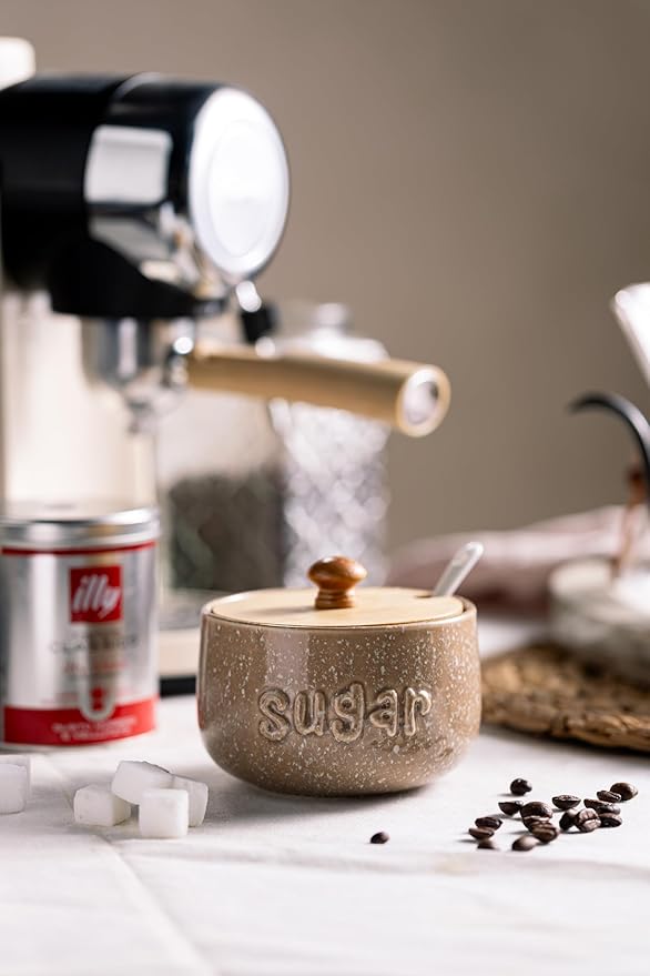 LYEOBOH Sugar Bowl with Lid and Spoon,17 OZ Cute Sugar Jar Container for Countertop, Ceramic Sugar Holder for Coffee Bar, Azucarera for Farmhouse, Rustic Home and Kitchen, Speckled Khaki