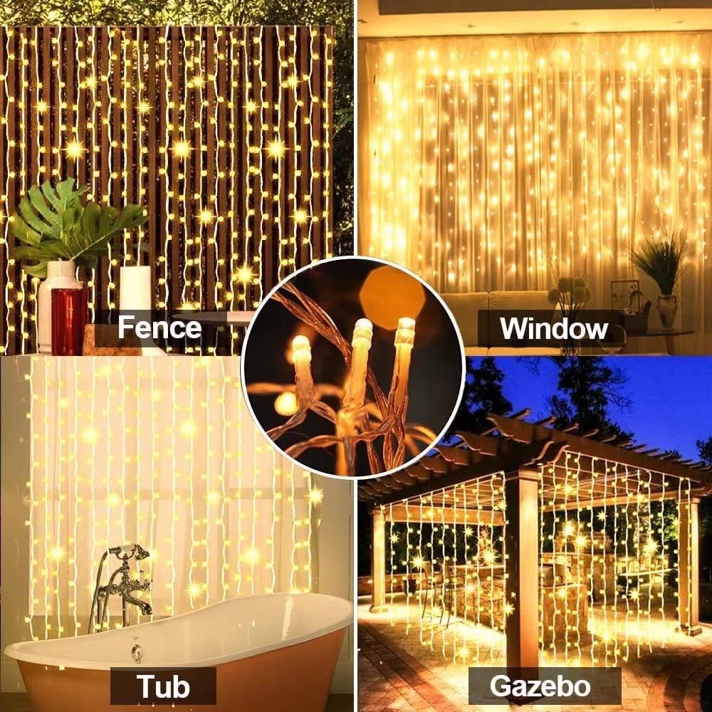 LiyuanQ Solar Curtain Lights, 300 LED, 8 Modes, Waterproof, Warm White, 2 Pack for Outdoor Garden Decoration
