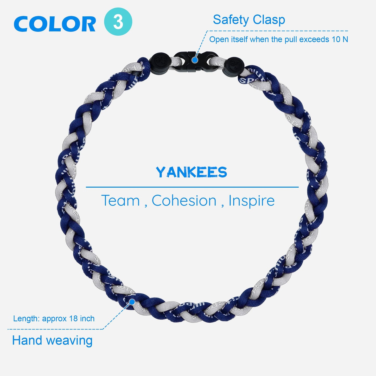 SUPBOMM 3 pcs Baseball Rope Necklaces, League Team Colors Braided Necklace, Baseball Team Gifts, Yankees