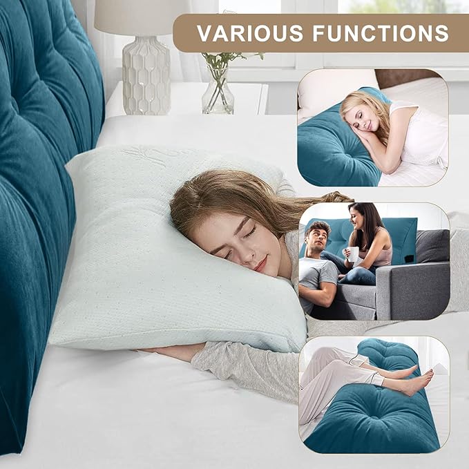 Large Triangular Headboard Pillows Long Backrest Positioning Support Bolster Cushion for Daybed Fluffy Quality Plush Body Wedge Pillow with Removable Cover(Navy blue-Queen-59x8x20in)