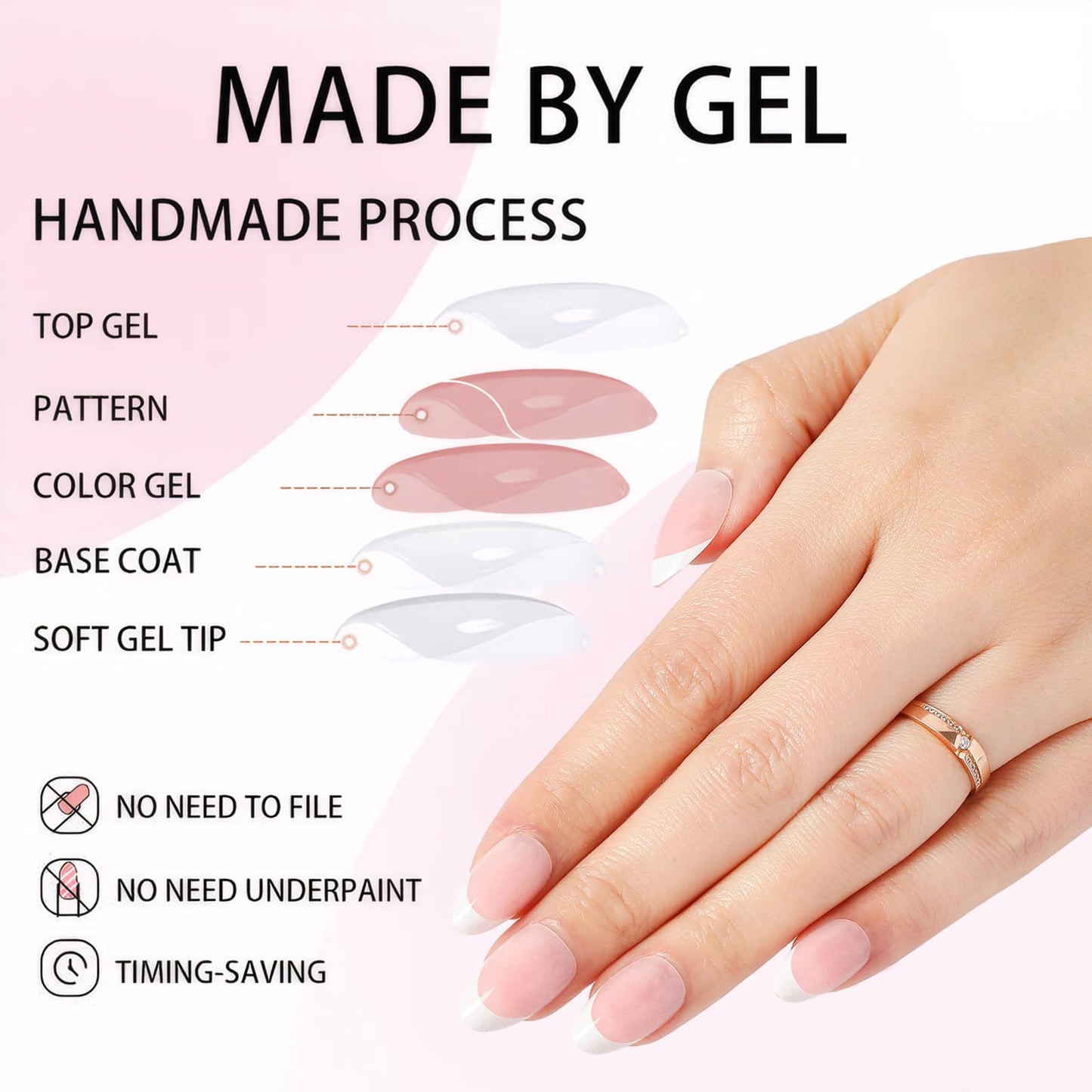 MRSCOL French Tip Press on Nails,32 Pcs French Tip Press on Nails Almond,Press On Nails Short Reusable 16 Sizes - 32 Nail Kit wi