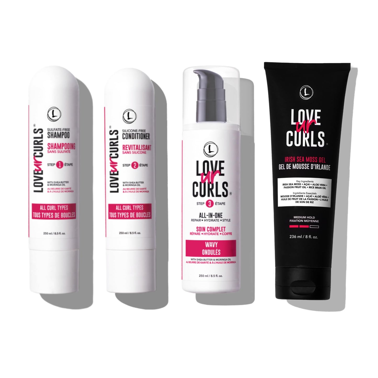 Love Ur Curls - Shampoo, Conditioner, Wavy All In One Styler to repair, define and hydrate hair and Irish Sea Moss Gel for touch
