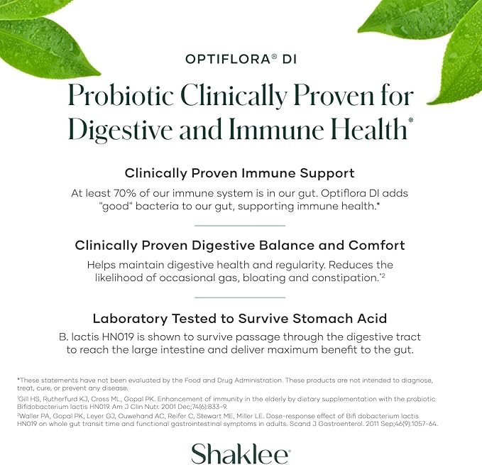 Shaklee - Optiflora® DI Probiotic -10 Billion CFUs - 4 Bacterial Strains - Bifidobacterium lactis HN019™ - Supports Intestinal Flora Balance & Regularity - Gluten, Soy & Dairy Free - 30 Capsules