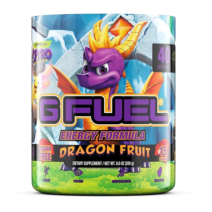 G Fuel Spyro The Dragon Energy Drink Powder, Pre Workout Caffeine Mix for Gaming, Sugar Free Focus Amino, Vitamin + Antioxidants, 9.8oz (Dragon Fruit, 40 Servings)