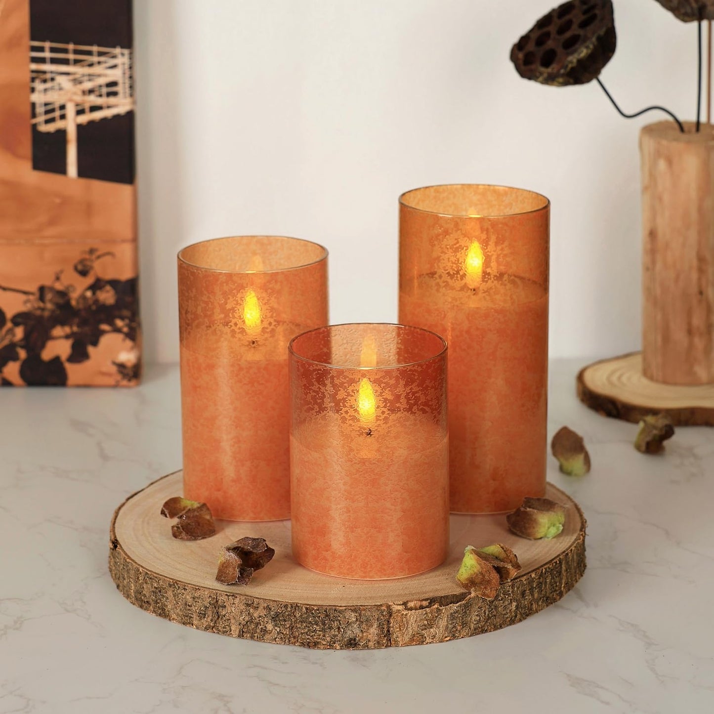SNUGBLAKI Flameless Candles with Remote, 3D Wick Realistic LED Candles Flickering, Real Wax in Glass Orange Fake Candles for Wedding Party Festival Home Decor Gifts