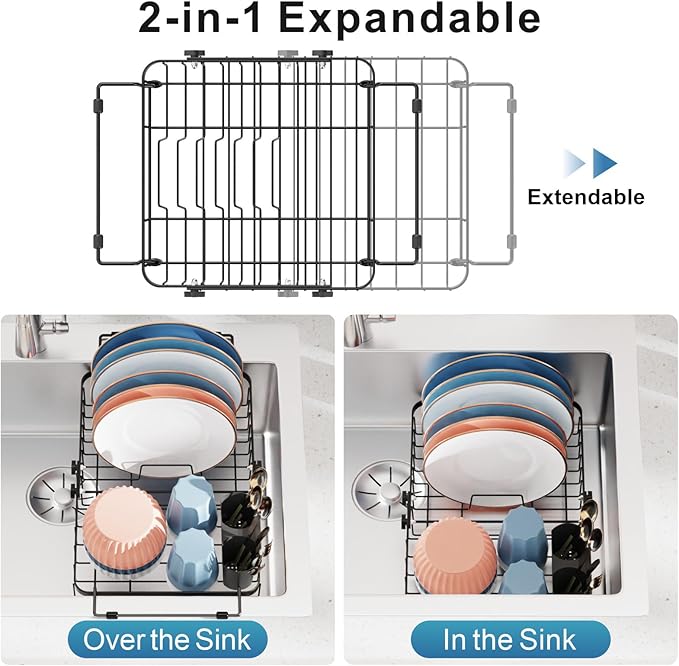 iSPECLE Expandable in Sink Dish Drying Rack - Adjustable Capacity Over The Sink Dish Drainer Drying Rack for Kitchen, 12.4"-17.1" L x 12.8" W, Black