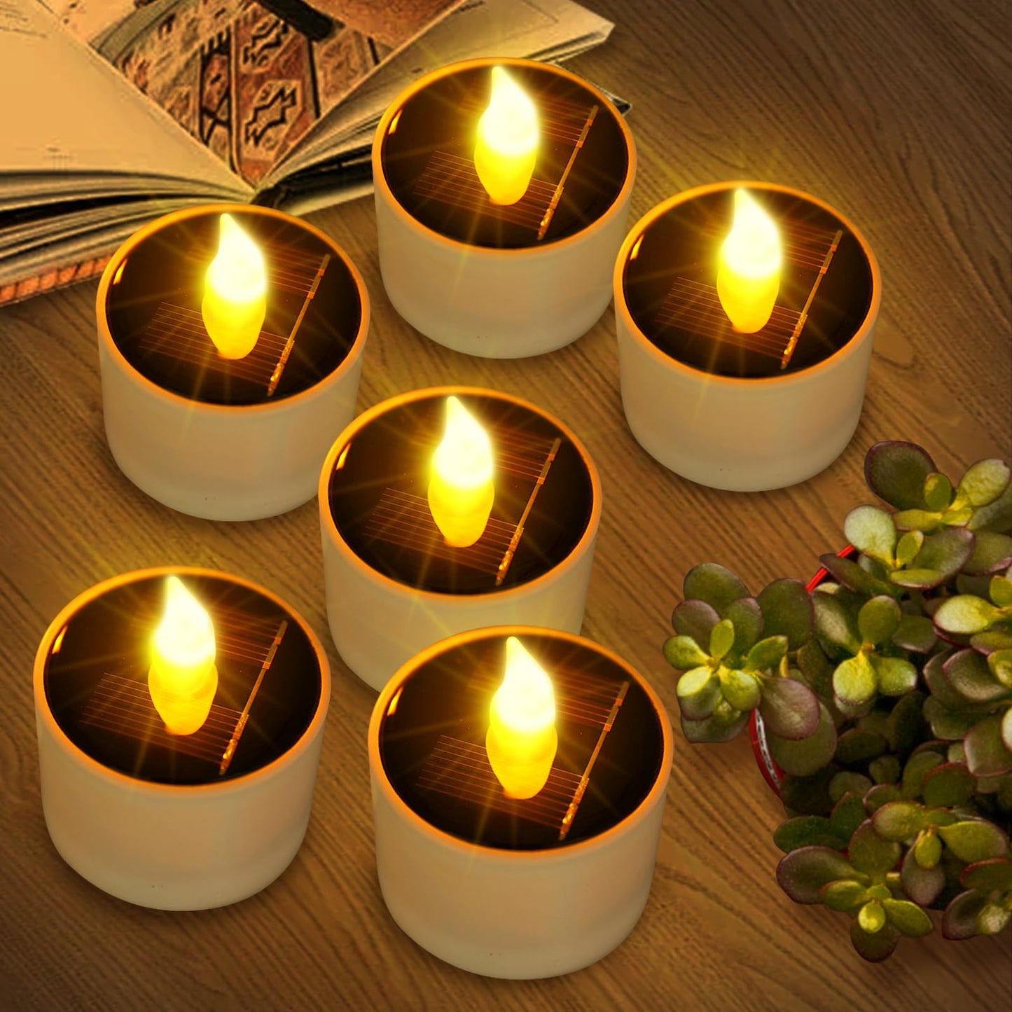 Solar Tea Lights Outdoor Waterproof - 6 Pack Flameless Flickering Solar Candles Reusable Led Tea Light Candles Rechargeable Dusk