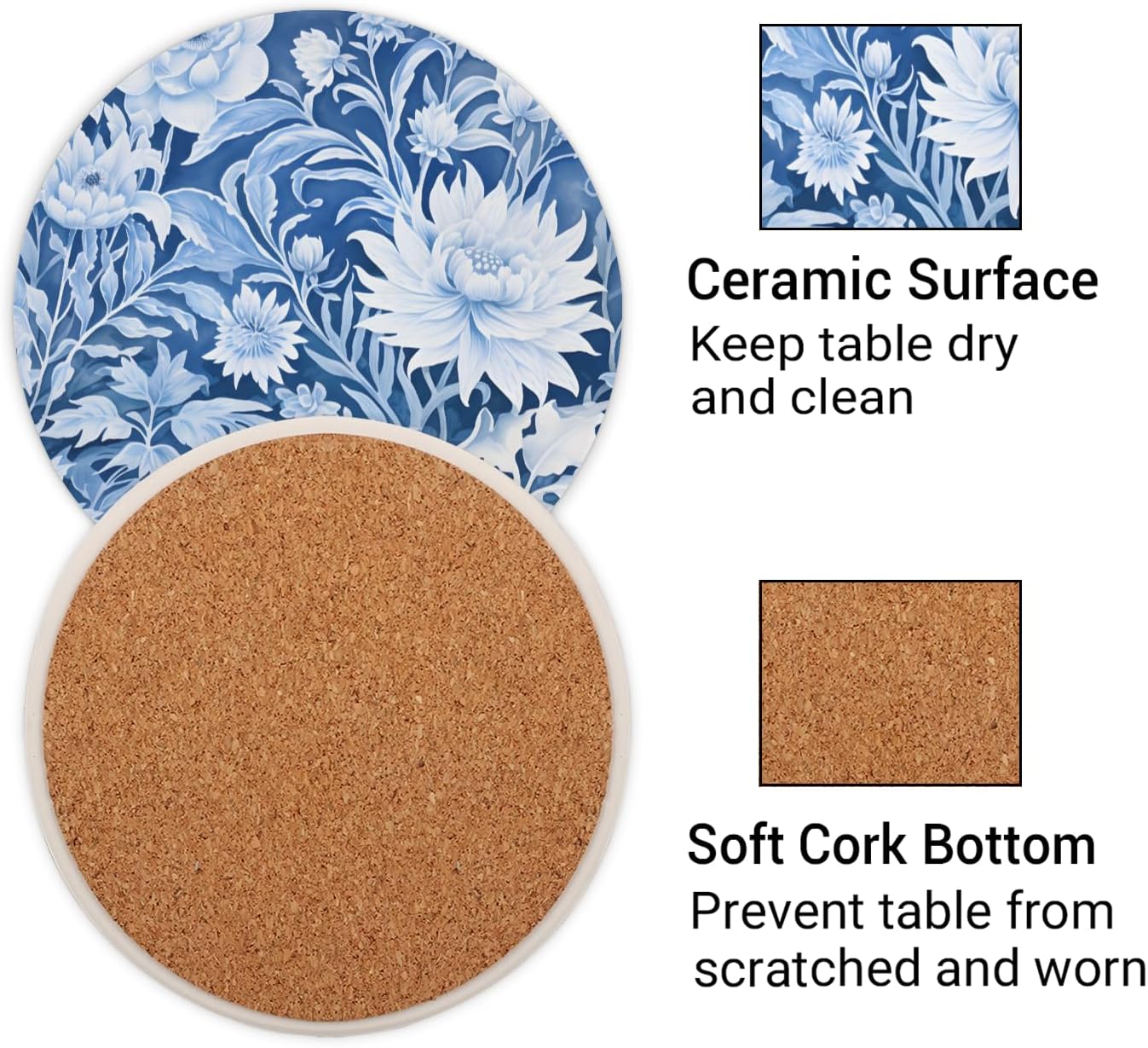 Ceramic Coasters for Drinks with Cork Back,Cyan White Floral 4 Inch Absorbent Coaster Set 4 Pack, Quick Dry Non-Slip Coaster Mats for Home, Office, Bar