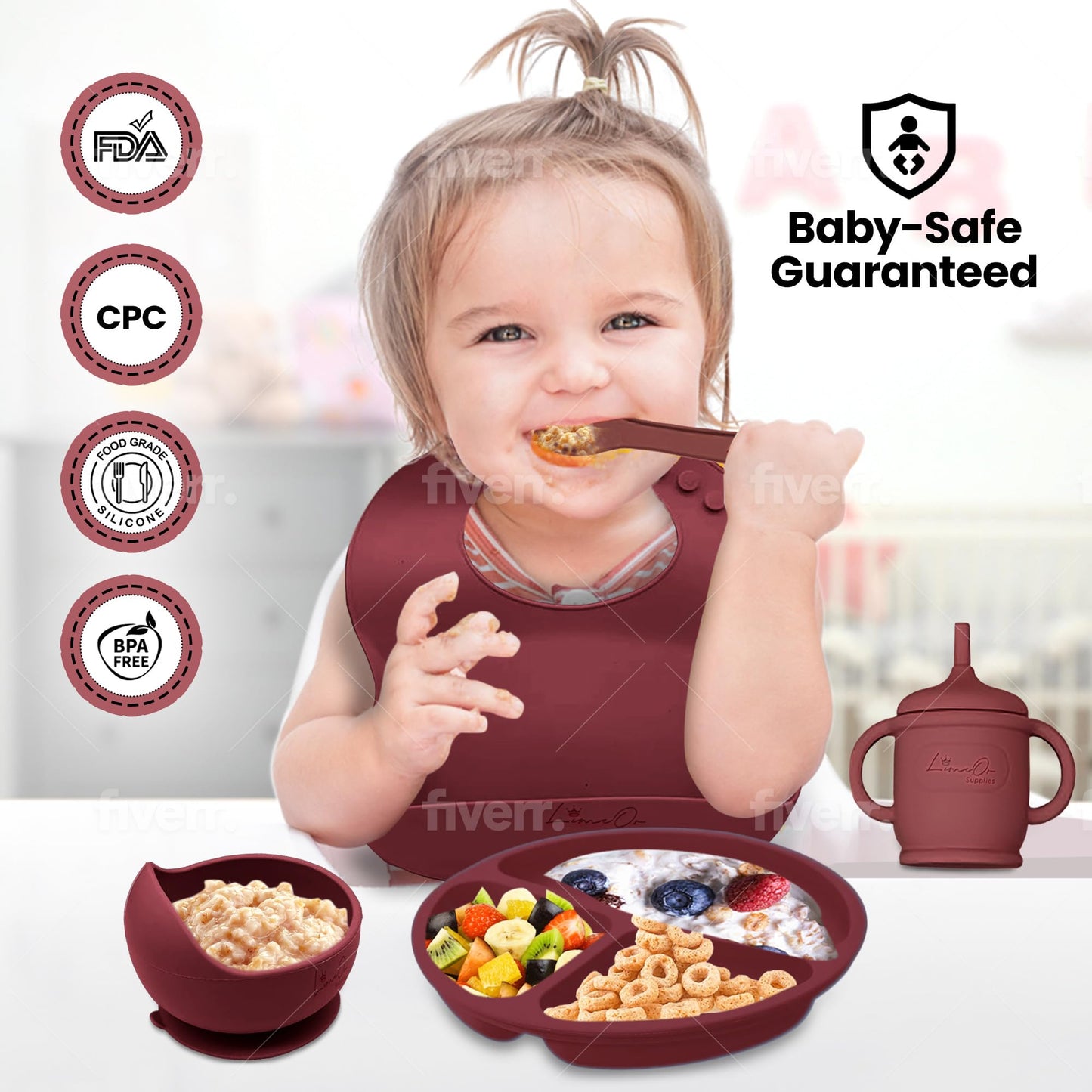 Silicone Baby Feeding Set – 10 Pcs Baby Led Weaning Supplies & Self Feeding Kit | Toddler Plates and Bowls Set, Bib, Fruit Feeder, Cup, Spoons & Forks – Empower Independence with LimOr - Red-Wine