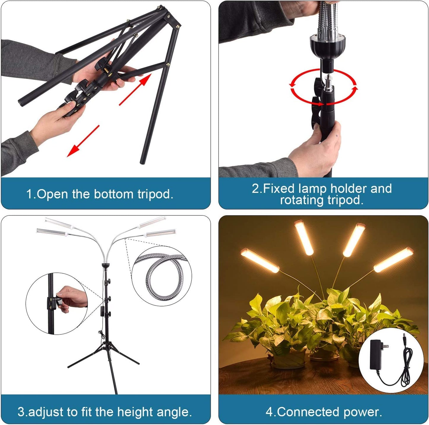 ANDOHAI LED Grow Lights - 420 LEDs Full Spectrum, 4 Heads Floor Lamp, Adjustable Tripod Stand, Model GL-1, Auto On/Off Timer
