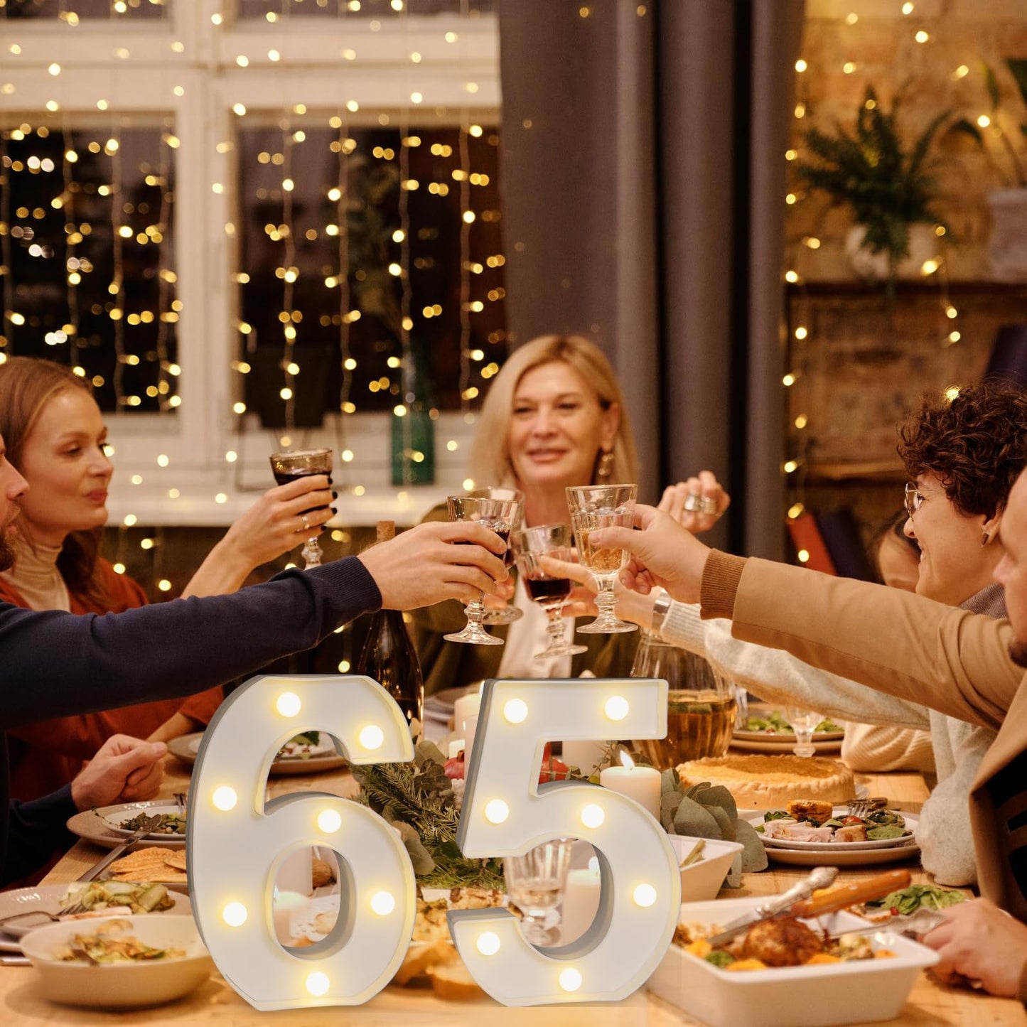 Pooqla LED Number Lights Sign, White Plastic Marquee for 65th Birthday Party, Battery Operated, Number 65