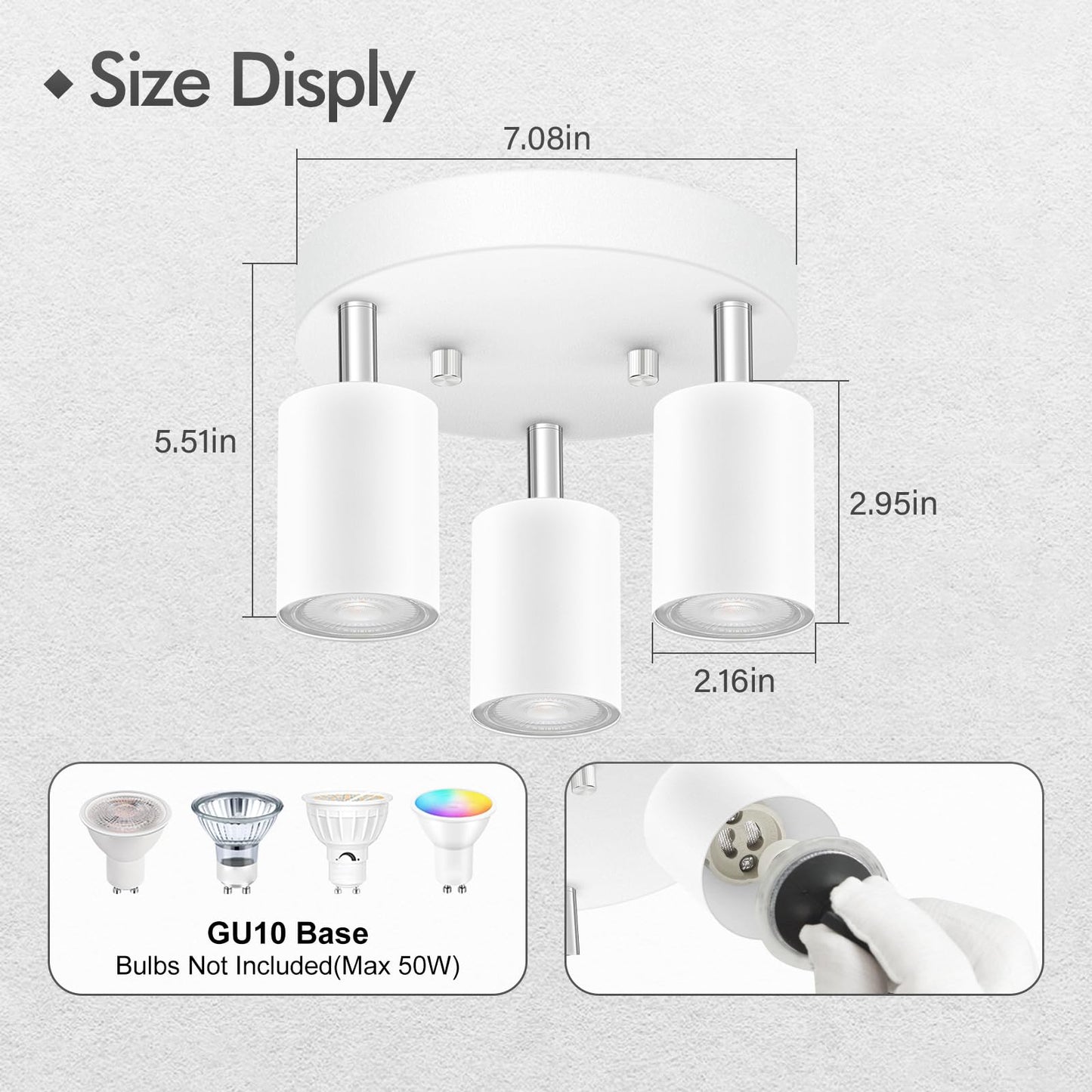 3 Light Track Lighting Fixtures Ceiling, Matte White Round Directional Ceiling Spotlight, GU10 Flush Mount Track Fixture, Adjustable Modern LED track Lights for Kitchen/Living Room, Bulb Not Included