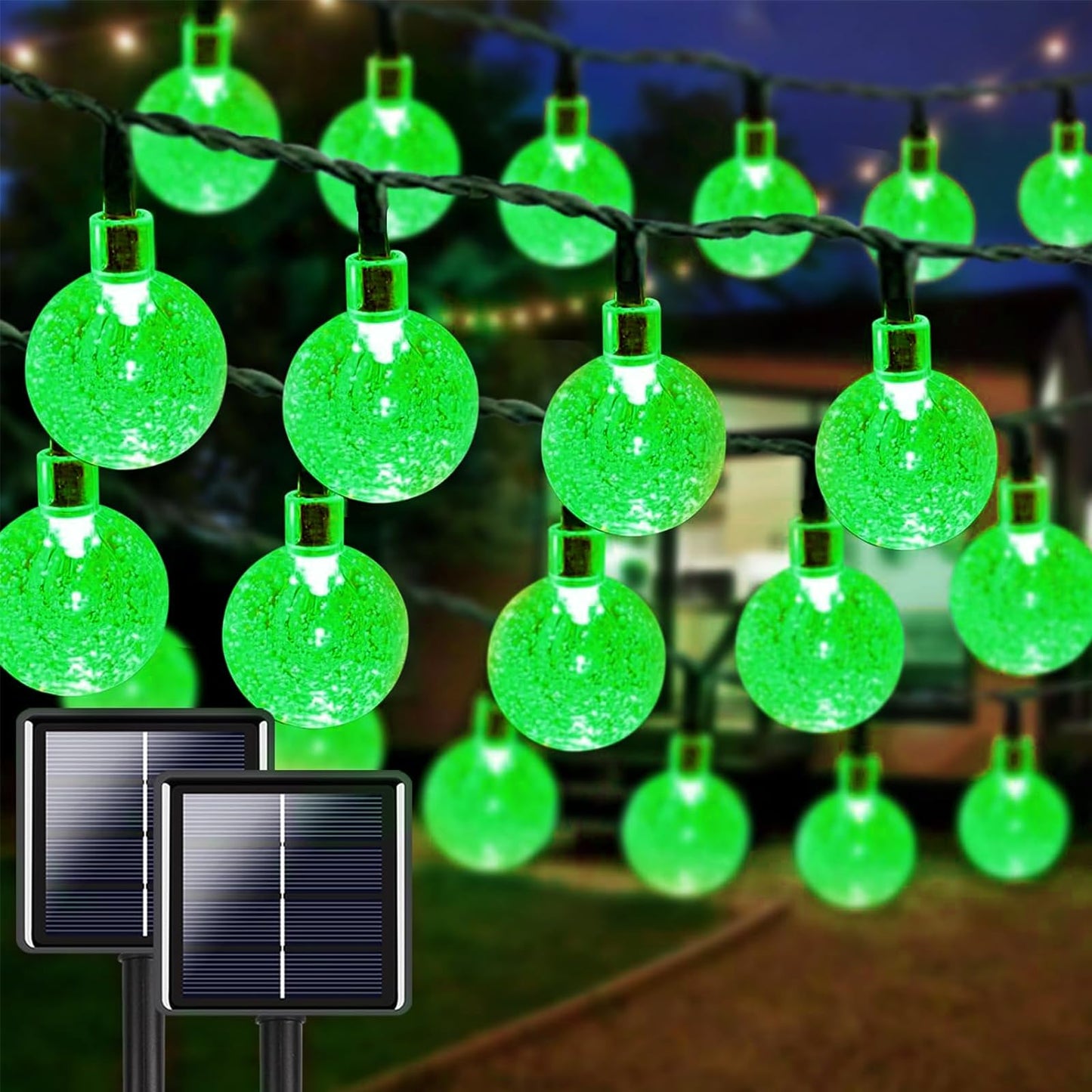LORRYTE 2-Pack Solar String Lights, 100 LED, Waterproof, 64FT, Crystal Globe, Green, Model SSLGW