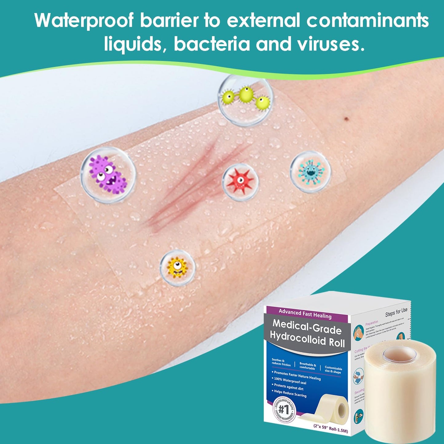 Hydrocolloid Roll for Wound Care, Medical-Grade Hydrocolloid Bandages with Self-Adhesive, Cut-to-Size Patch Bandages, Ultra Absorbent, Waterproof, First Aid Kit Essential (2in*4.8ft)