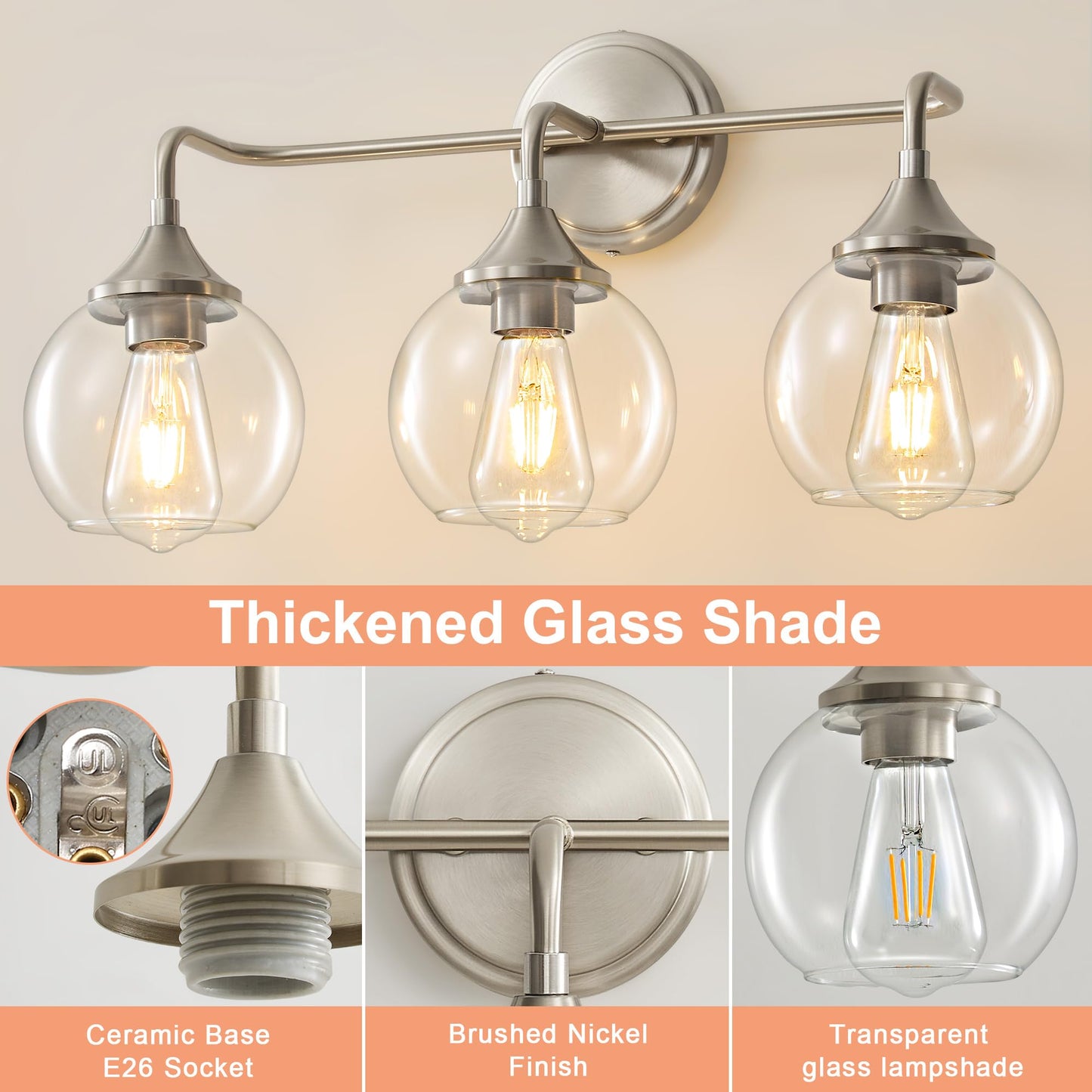 Gednbo Bathroom Light Fixtures 3 Light Bathroom Vanity Light With Clear Glass Shade  22 Inch Vanity Lighting Fixtures Over Mirror  Vanity Lights Fixture (Exclude E26 Bulb) - Brushed Nickel