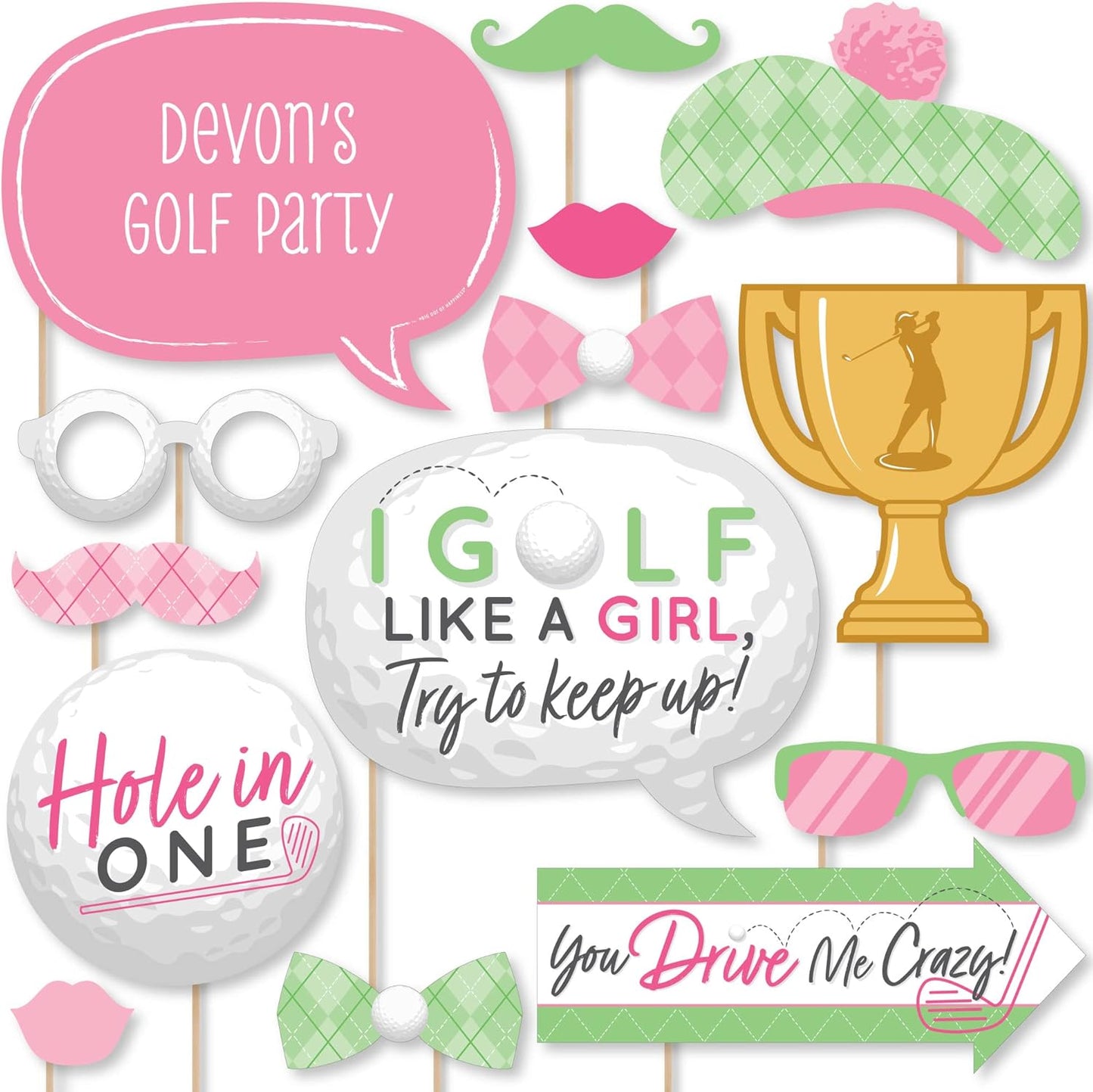 Big Dot of Happiness Custom Golf Girl - Photo Booth Props - Personalized Pink Birthday Party or Baby Shower Supplies - 20 Selfie Props