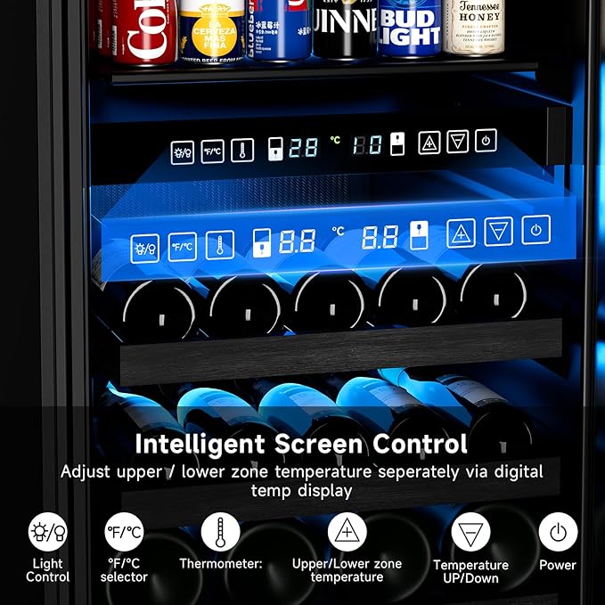 15 Inch Wine Fridge,37-65°F Digital Touchscreen Dual Zone Wine Refrigerator for Built-In or Freestanding, Wine Cooler with Removable Shelves