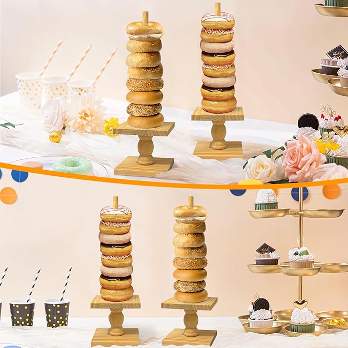 2 Pcs Donut Stand Wooden Square Doughnut Stand Bagel Stand Donut Display Tower for Dessert Table Doughnut Holders for Party Donut Display Stand for Birthday Banquet (Wooden)