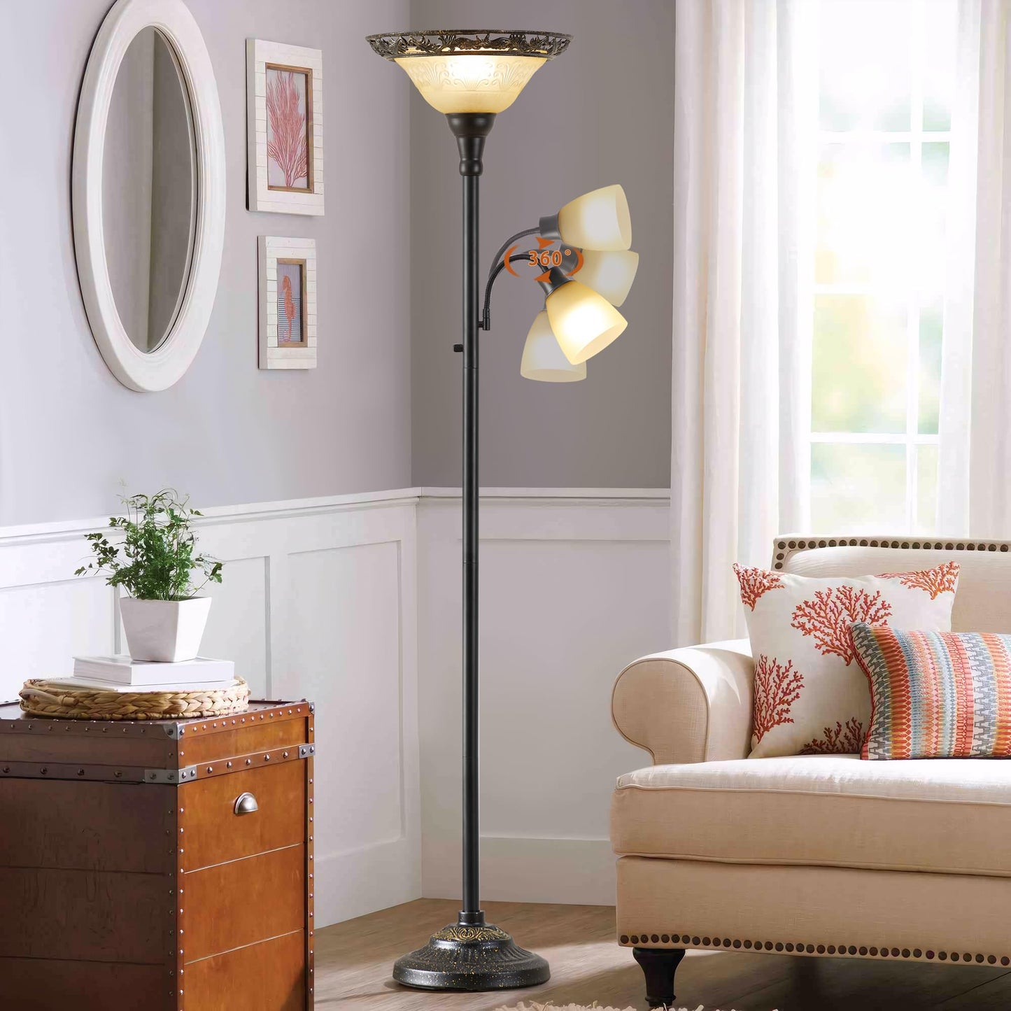 Luvkczc Torchiere Floor Lamp, 70in Vintage Metal Stand, Etched Glass Shade, Black & Yellow, Model 31001