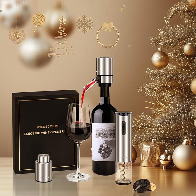 Electric Wine Opener & Automatic Wine Bottle Opener Rechargeable - 4-in-1 with Electric Wine Aerator & Dispenser, Foil Cutter and Vacuum Stopper, Wine Gift Set for Women, Men
