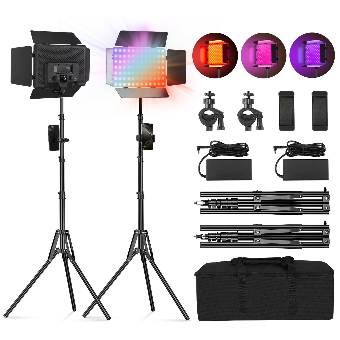 2Pack RGB LED Video Light 12.6in Panel with Barn Door Kit, 20W/2500~8500K/14 Effect/2000lux@0.5m RGB Studio Panel Light Kit with Phone Holder for Gaming Streaming Zoom YouTube Photography
