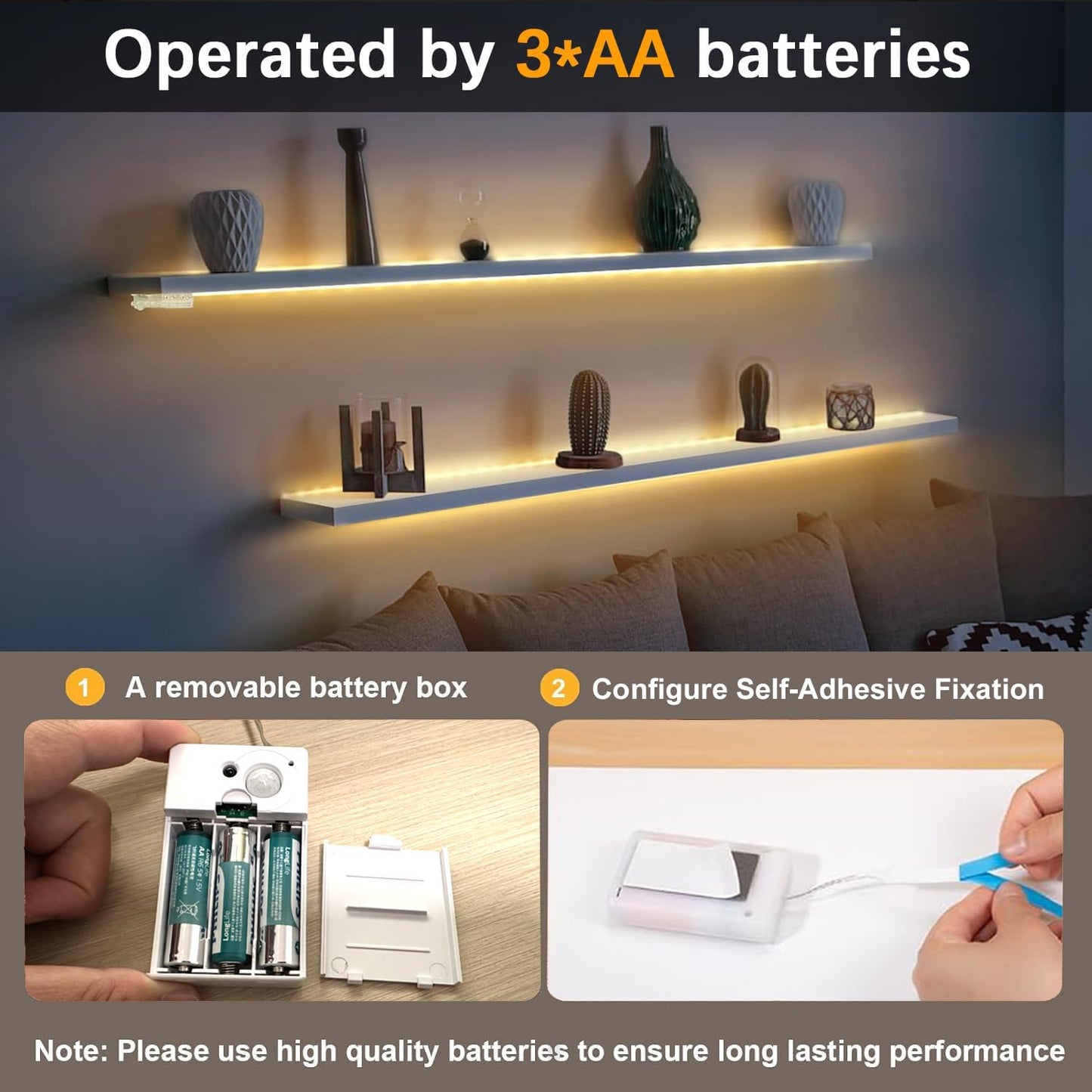 Battery Powered Led Strip Lights  Cob Motion Sensor Led Strip Lights 20 Inch X 3 Pack For Kitchen Under Cabinet Lighting  Shelves  Under Counter  Closet  Cordless Click Light  Warm White 3000K