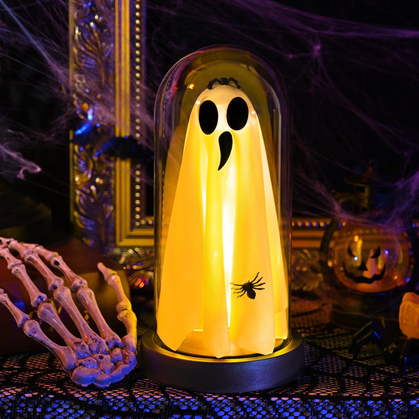Yinhua Light Up Ghost in Glass Cloche with Timer, 8.5inx4.3in, Warm Light, Acrylic Halloween Decor for Desk, Fireplace, Gift