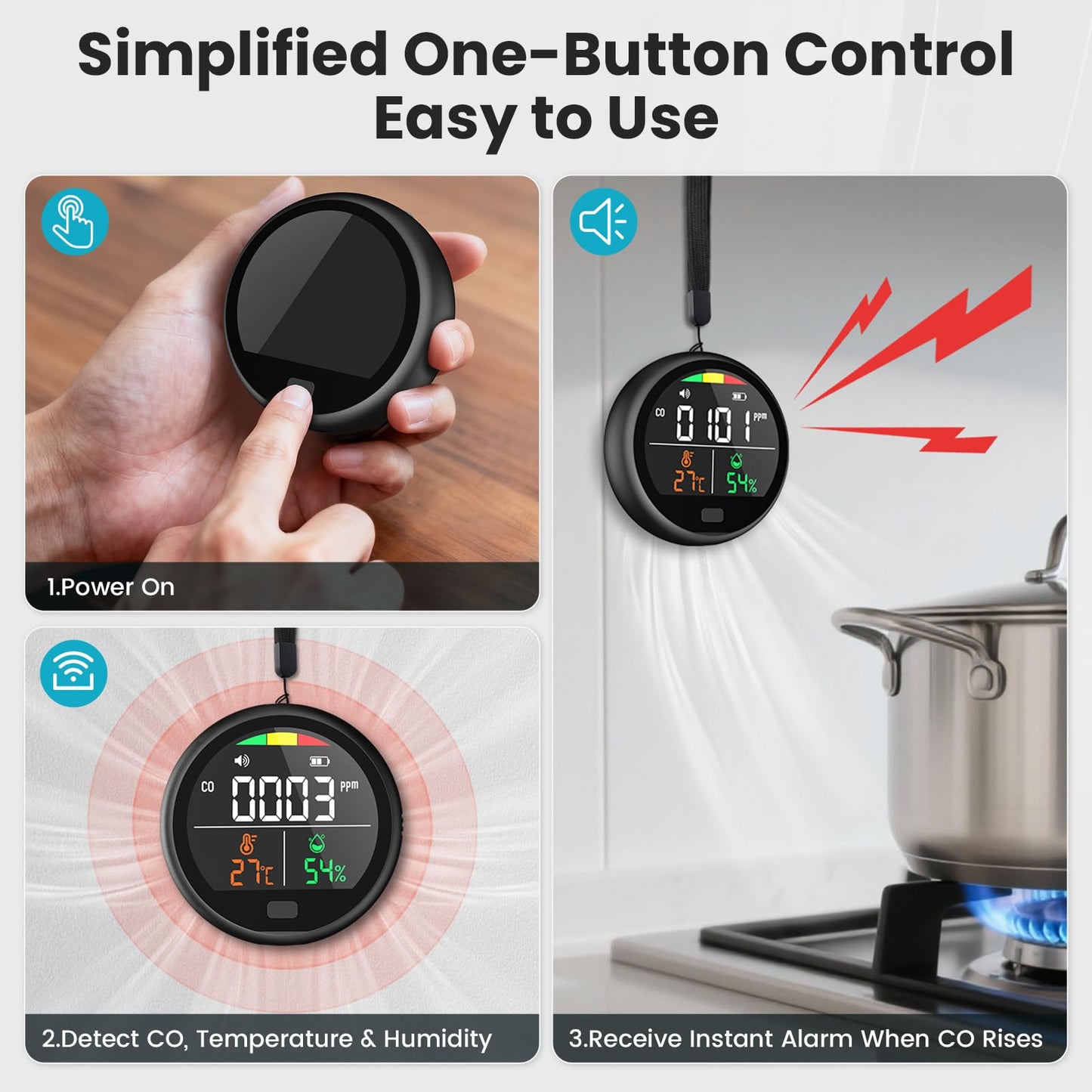 Portable Carbon Monoxide Detector for Travel - 3-in-1 Rechargeable CO Monitor with Temp & Humidity Sensor, Loud Audible & Visual Alarm, 220H Standby CO Detector for Hotel, Camping, Car, RV & Home