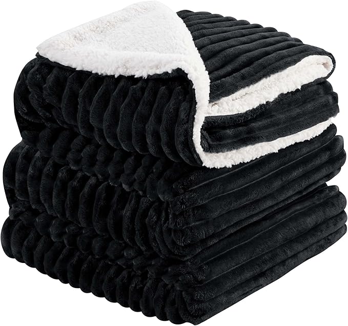 INFIIXSO Sherpa Fleece King Size Blanket - Super Soft & Warm Striped Fleece Blanket, Cozy Plush Fluffy Large Bed Blanket All Season Use (Black, 104x90 Inches)