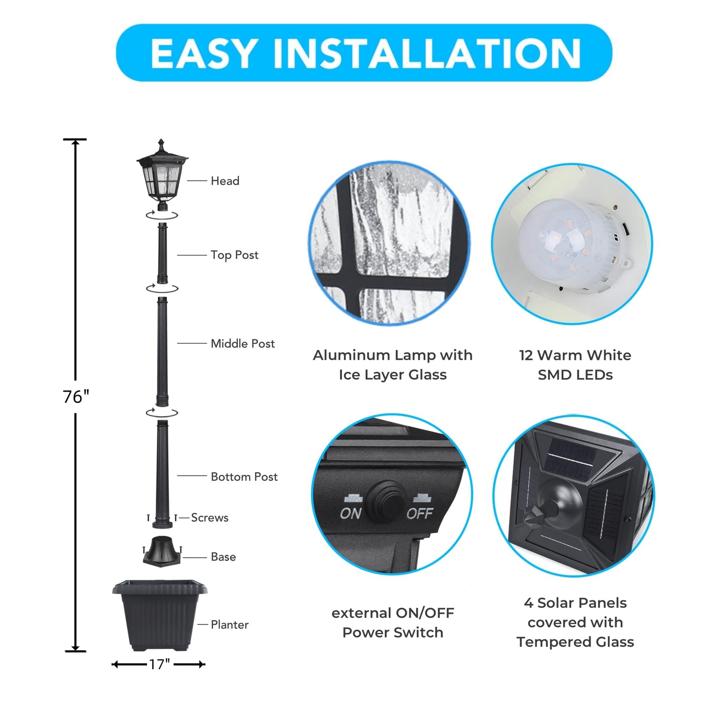 Kemeco Solar Post Light ST4311AHP, Dusk to Dawn Outdoor Lamp with Planter, Black, for Lawn Yard Garden Patio Deck Landscape Decor