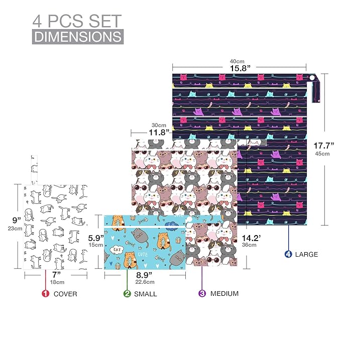 FLOCK THREE 4pcs Waterproof and Reusable Wet Bag Diaper Stroller Water Resistant Swimsuit Travel Toiletries Yoga Gym Washable Carrier Small Medium Large Cat 4 Pack