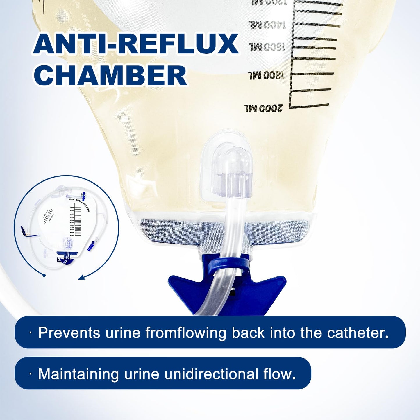 Carbou 2000ml Urine Drainage Bags, 6 Pcs Catheter Bags with Anti-Reflux Chamber - 48" Drainage Tube with Clamp & Hook, Quick-Release Drain Port