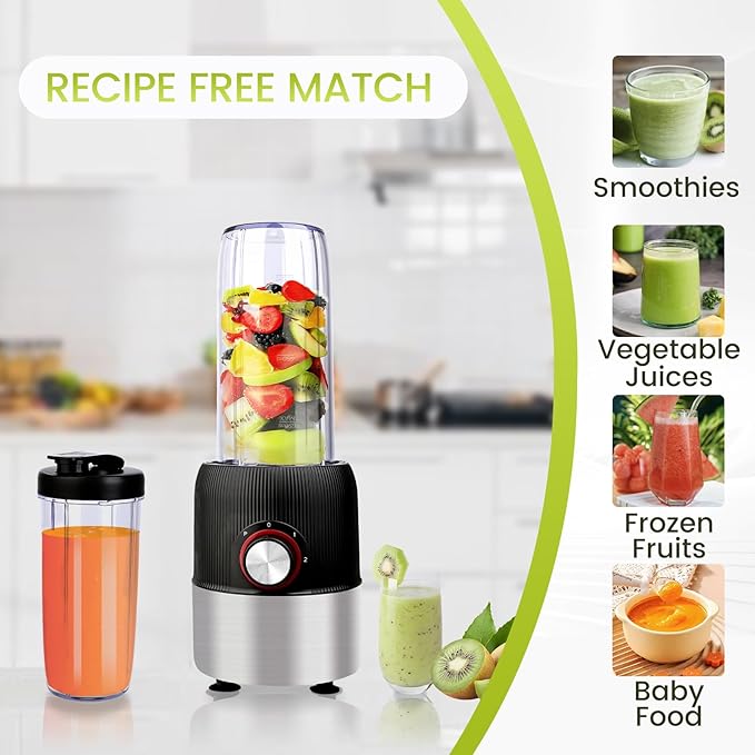 1000W 2-in-1 Personal Blender with Travel Bottles, Portable Smoothie Maker for Shakes & Grinding Coffee, 3 Speeds, 27oz & 6.7oz Cups, Compact & Powerful, Black
