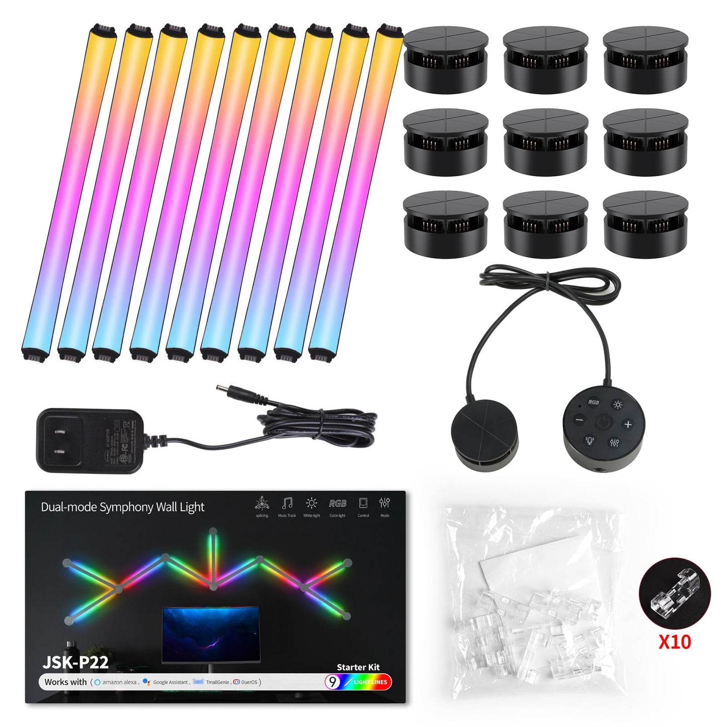 TOHETO RGB Wall Light, LED DIY Geometry Splicing Gaming Lights, Backlit Modular Wi-Fi Colour Changing Home Decor Lights Work with Alexa and Google Assistant for Game Room, Bedroom (9 Lines, Black)