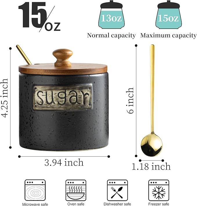 LYEOBOH Black Sugar Bowl with Lid and Spoon, 15 Oz Farmhouse Sugar Container Holder for Coffee Bar Accessories, Food Storage Containers - Modern Kitchen Decor Housewarming Gift