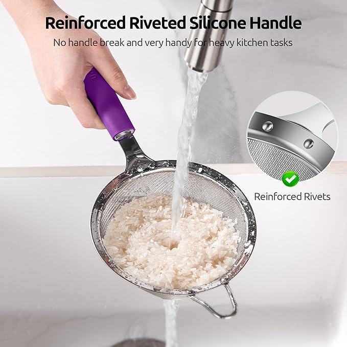 U-Taste Fine Mesh Food Strainer: 18/8 Stainless Steel 30 Mesh Kitchen Sieve with Sturdy Riveted Silicone Handle, Heavy Duty Deep Handheld Metal Colander (Small/3.35in+Medium/4.73, Purple)