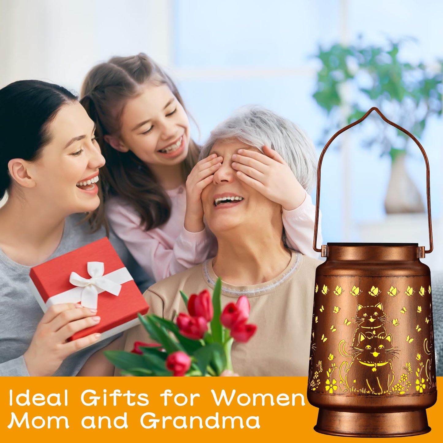 Solar Lantern Outdoor Hanging Waterproof Outside Metal Openwork Hummingbird Pattern Birthday Gifts For Women Mom Landscape Lights For Porch Garden Yard Patio Pathway Decor(Cat)