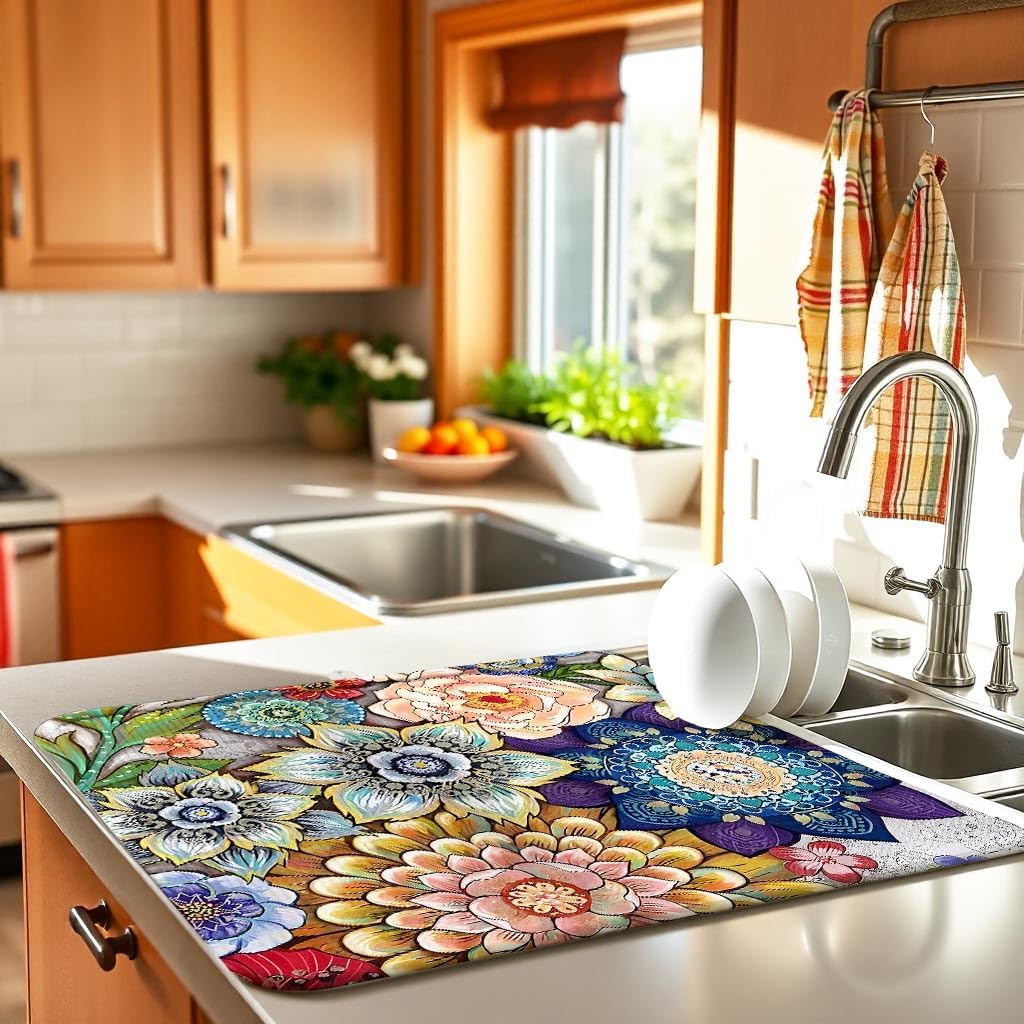 Boho Drying Mat 16" X 18" Boho Flower Kitchen Counter Stone Large Dish Drying Mats For Kitchen Counter Abstract Boho Floral Drying Mats For Home Counter Drying Mats For Dishes Table Mat Drying Mat